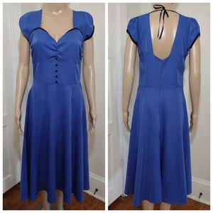 Lindy Bop Retro Pinup Rockabilly Royal Blue Fit Flare Stretch Swing Dress M / 12
